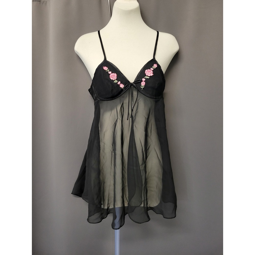 Vintage y2k Cinema Etoile Babydoll Chemise Black Floral Embroidery Sheer‎ Small
